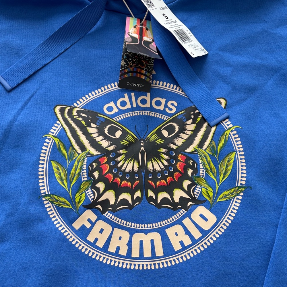 Adidas Farm Rio Royal Blue Hoodie with Butterfly Graphic Small NWT - Picture 3 of 5